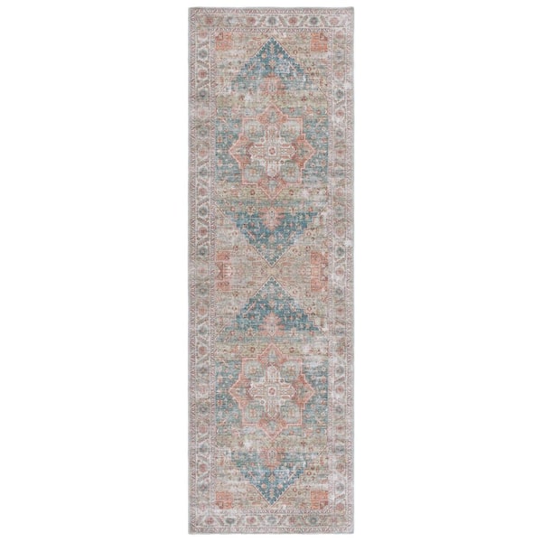 SAFAVIEH Arizona 3 ft. x 8 ft. Sage/Rust Machine Washable Distressed Aztec Medallion Runner Rug