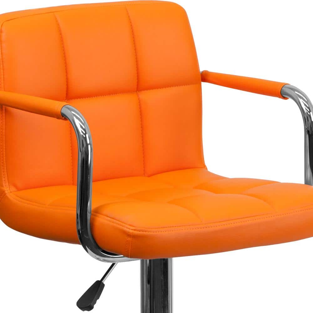 Contemporary Orange Quilted Vinyl Adjustable Swivel Barstool with Chrome Base