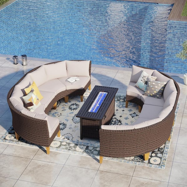 PHI VILLA Brown Rattan Wicker 10-Seat 11-Piece Steel Outdoor Fire Pit Patio Set with Beige Cushions and Rectangular Fire Pit Table