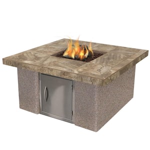 Stucco and Tile Gas Fire Pit in Brown with Log Set and Lava Rocks