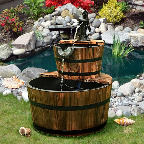 2 Tier Barrel Waterfall Fountain Barrel Wooden Water Fountain Pump Outdoor Garden