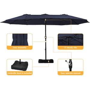 15 ft. Steel Market Patio Umbrella Double-Sided Twin Large Patio Umbrella with Base in Navy