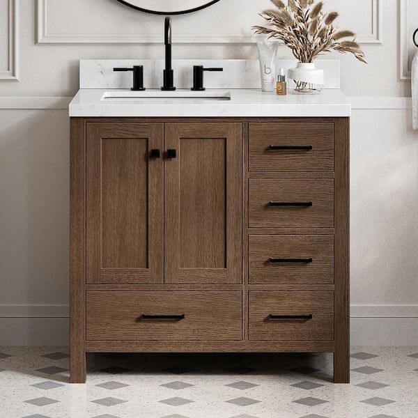 Cambridge 36 in. Single Sink Freestanding Bathroom Vanity in Brown Oak with Carrara Quartz Top
