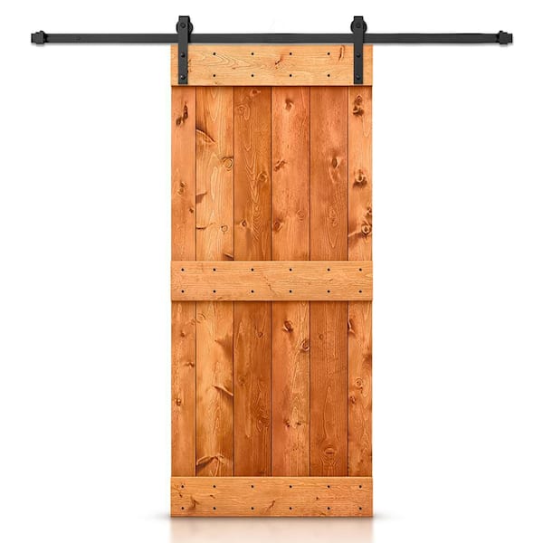 CALHOME Mid-bar Series 24 in. x 84 in. Pre-Assembled Red Walnut Stained Wood Interior Sliding Barn Door with Hardware Kit