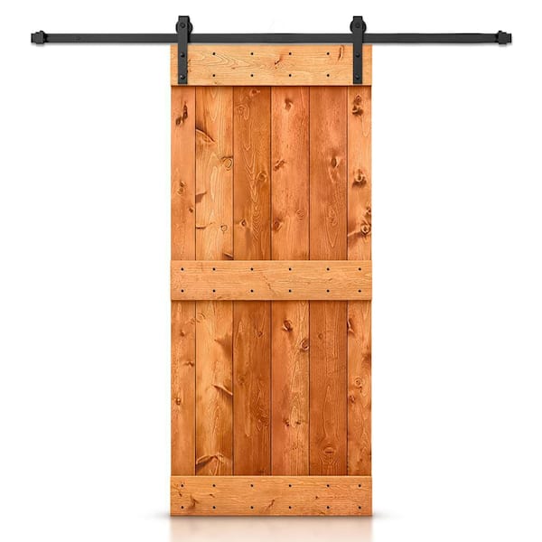 CALHOME Distressed Mid-Bar 30 in. x 84 in. Red Walnut Stained Solid Knotty Pine Wood Interior Sliding Barn Door w/ Hardware Kit