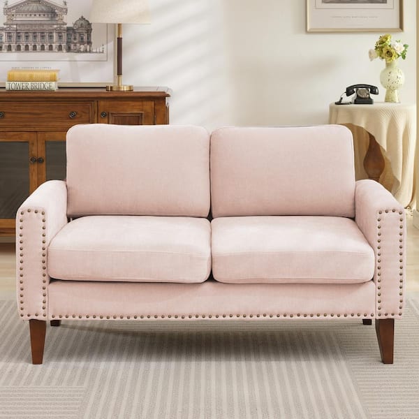 JEAREY Sanfe 57 in. Pink Solid Fabric 2-Seat Loveseat with Nailhead ...