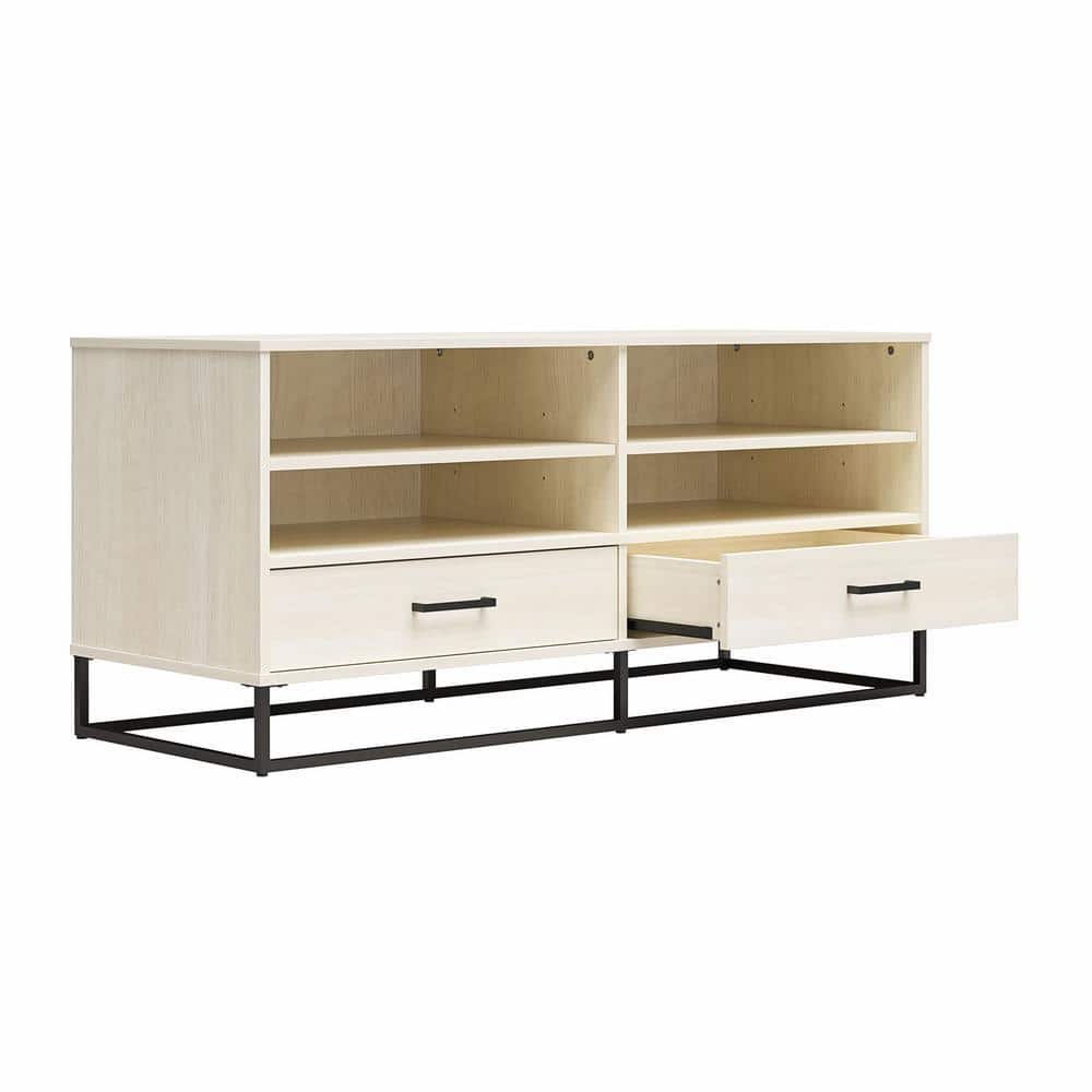 White Engineered Wood TV Stand with Adjustable Shelves and Metal Handles