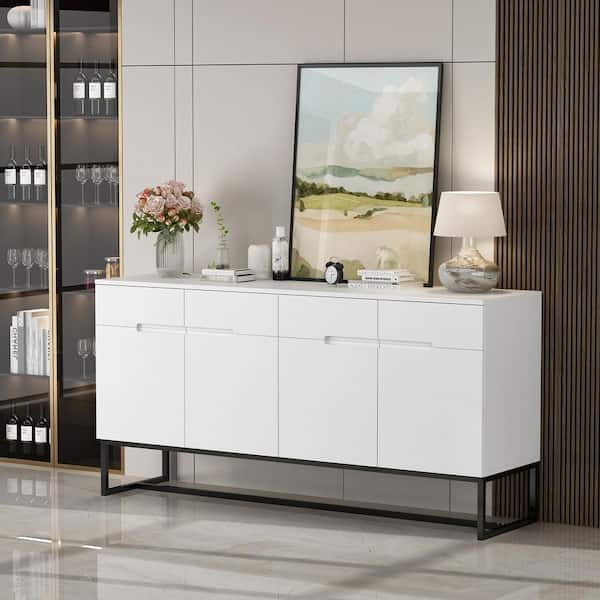 FUFU&GAGA 59.1 in. W White Paint Modern Sideboard Kitchen Buffet Cupboard With Drawers & Adjustable Shelves, Metal Legs