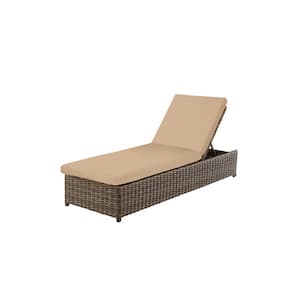 Fernlake Brown Wicker Outdoor Patio Chaise Lounge with Sunbrella Beige Tan Cushions