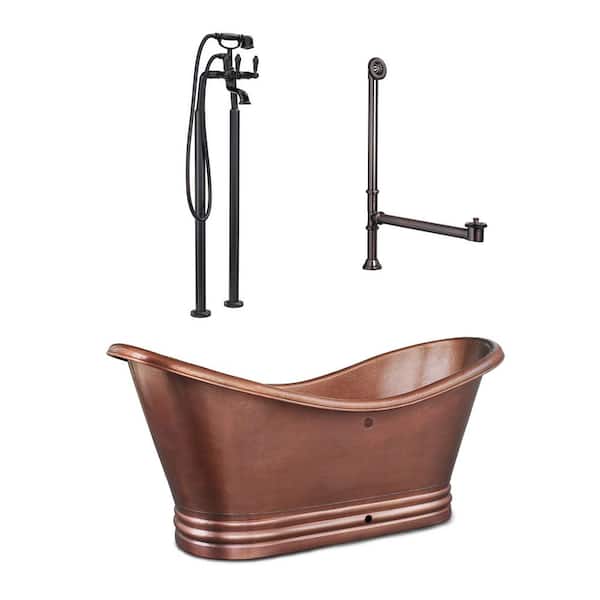 SINKOLOGY Euclid 71.5 in x 33.5in Freestanding Bathtub w/ Center Drain and Overflow Hole in Antique Copper w/ Faucet and Drain Kit