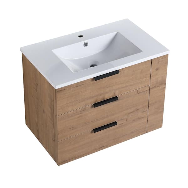 FORCLOVER 30 in. W x 18-5/16 in. D x 22-7/16 in. H Bath Vanity in Imitative Oak with White Resin Top