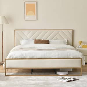 Cream White Frame Queen Size Velvet Platform Bed with 10 in. Under Bed Storage Supported by Metal and Wooden Slats