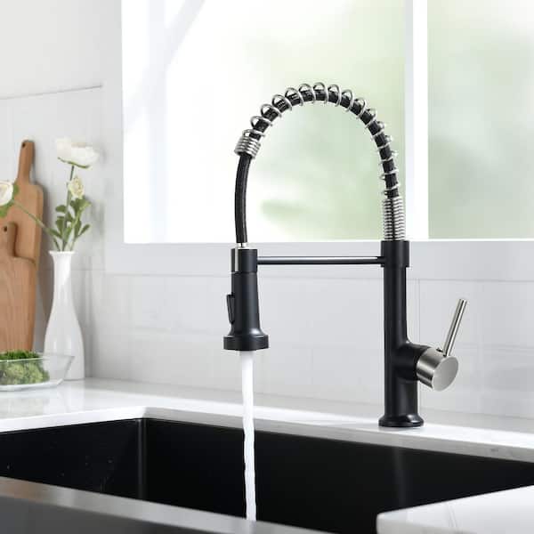 High Arc Spring Single Handle Pull Down Sprayer Kitchen Faucet in Black