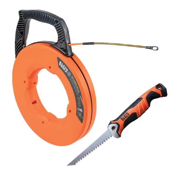 Klein Tools Multi-Groove Fiberglass 100 ft. Fish Tape with Spiral Steel Leader and Folding Jab Saw Tool Set