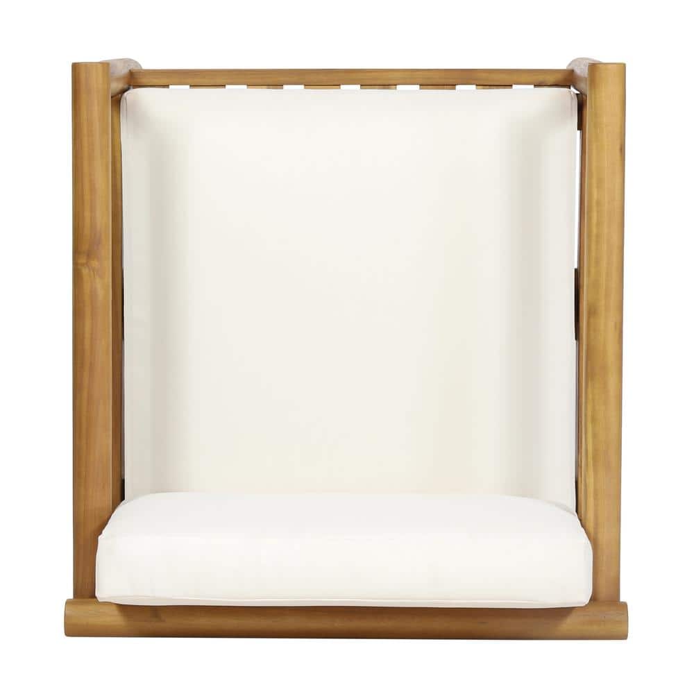 Teak Wood Outdoor Lounge Chairs with Cream Cushions, Set of 2