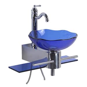 Blue Glass Small Wall Mount Bathroom Vessel Sink with Chrome Faucet, Pop Up Drain and Towel Bar