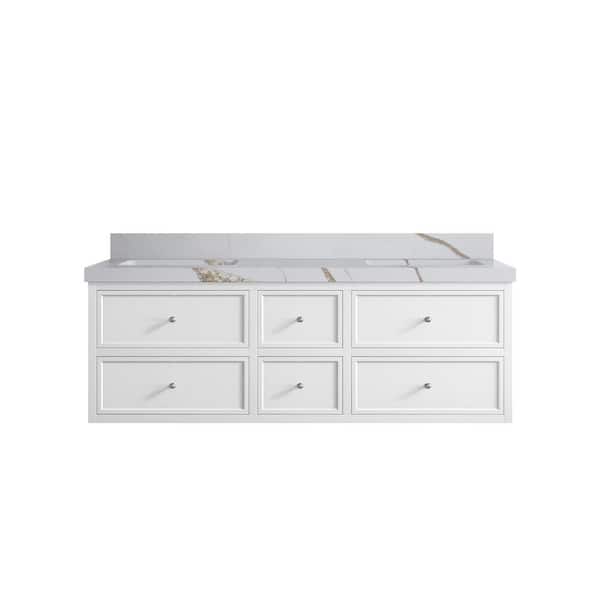 Willow Collections Roswell Floating 60 in. Double Sink Freestanding White Bath Vanity with Calacatta Gold Qt. Top Unassembled