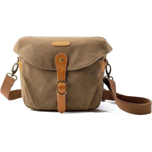 Lukyamzn Camera Bag Canvas Crossbody Camera Case with Rain Cover in Khaki Compact Camera Shoulder Bag for Men and Women