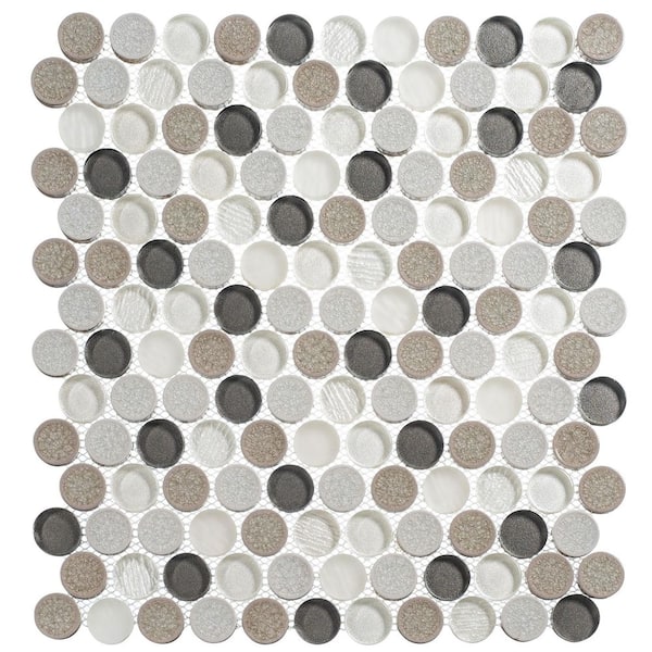 ANDOVA Polka Pixel Tan, White, Brown, Gray 4.5 in. x 8.25 in. Textured Round Glass Mosaic Tile Sample