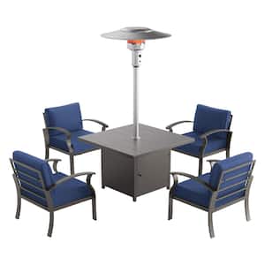 5-Piece Aluminum Patio Conversation Set with Armrest, 45000-BTU Stainless Steel Burner Square Table and Cushion Navy