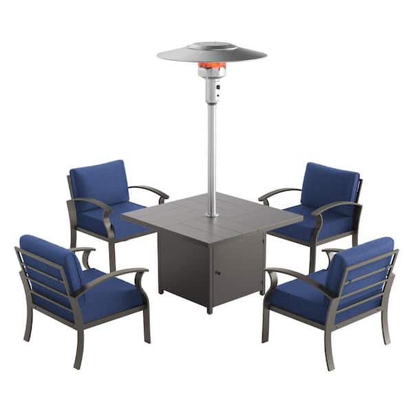 Halmuz 5-Piece Aluminum Patio Conversation Set with Armrest, 45000-BTU Stainless Steel Burner Square Table and Cushion Navy