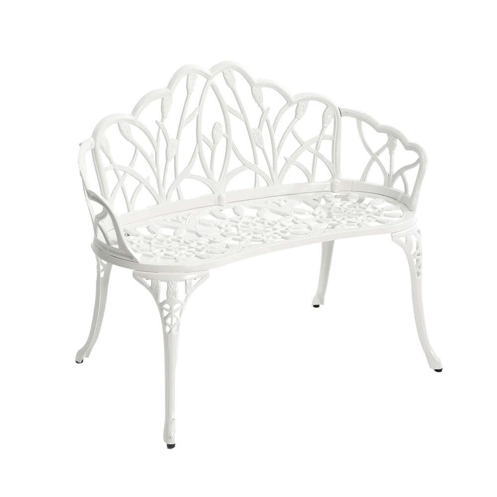 38.9 in. 2-Person White Rust-Resistant Cast Aluminum Outdoor Bench Patio Pa