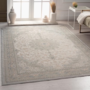 Imara Jelle Cream/Blue 7 ft. 10 in. x 10 ft. 9 in. Transitional Carved Medallion Polyester Area Rug