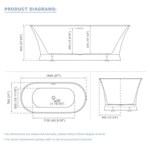 67 in. Oval Pure Virgin Acrylic Flatbottom Freestanding Soaking Bathtub in White with Drain and Overflow Included