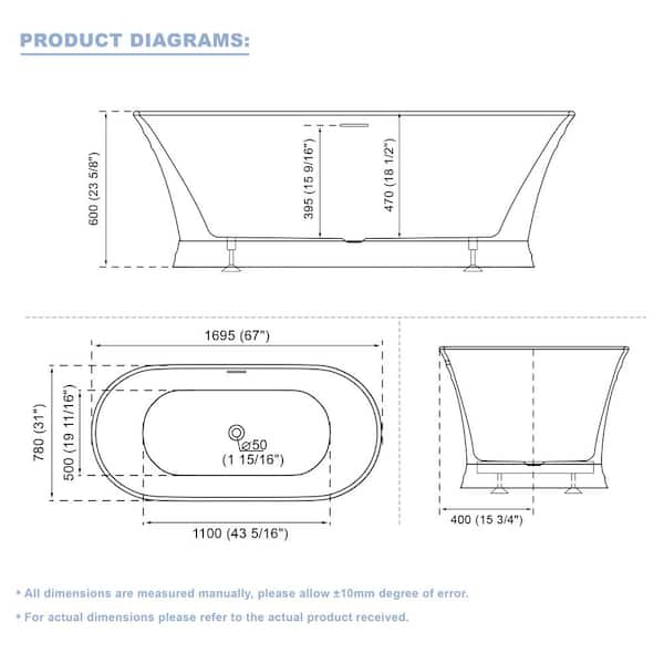 66.93 in. Acrylic Center Drain Rectangular Double Ended Flatbottom Freestanding Bathtub in White