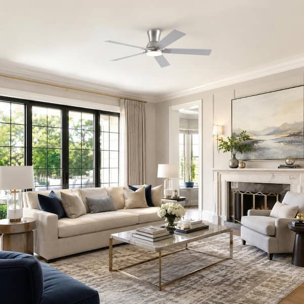 52 in. LED Indoor Flush Mount Nickel Ceiling Fan with Lighting Kit and Two-Tone Blades