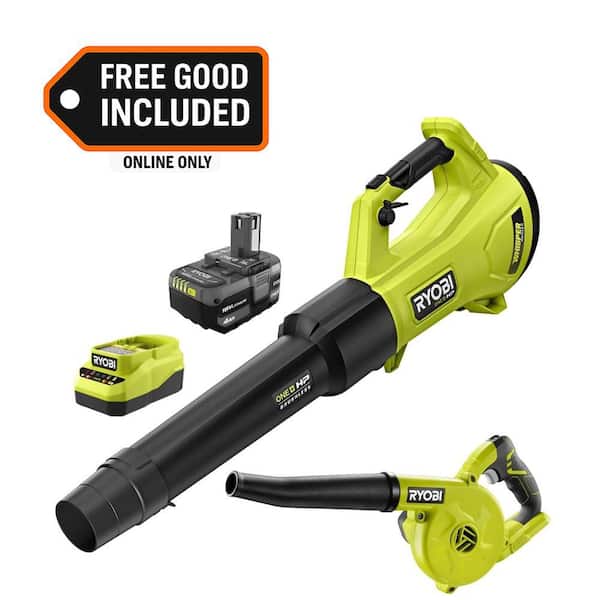 ONE+ HP 18V Brushless 450 CFM Cordless Leaf Blower w/ 4.0 Ah Battery, Charger & FREE ONE+ 18V Compact Workshop Blower