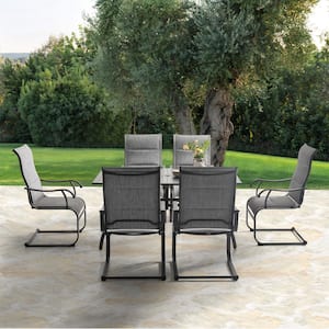 Light Gray 7-Piece Textilene and Iron Rectangle Splicing Outdoor Dining Set with 1.77 in. Umbrella Hole