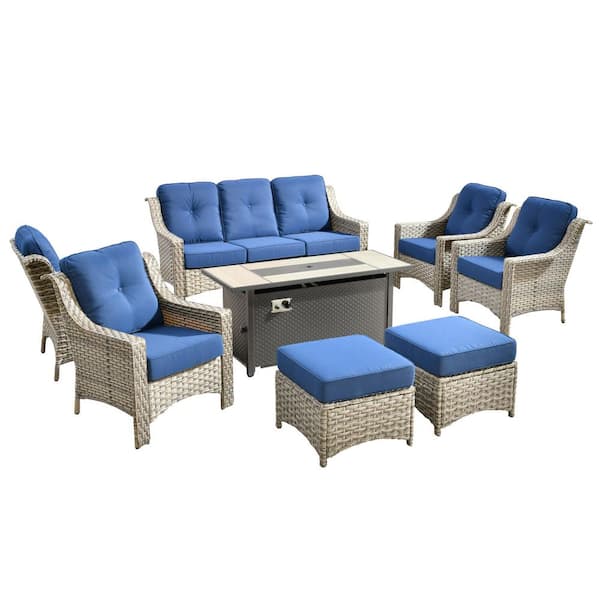 Cherry 8-Piece Wicker Outdoor Fire Pit Furniture Patio Conversation Sofa Seating Set with Navy Blue Cushions