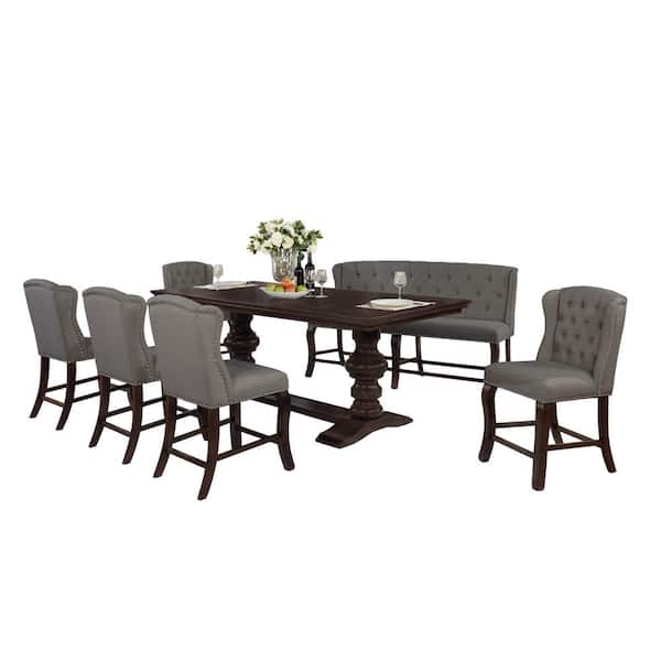 Best Quality Furniture Luisa 7-Piece Rectangular Wood Cappuccino Dining Table Set Gray Linen Fabric Chairs and Bench