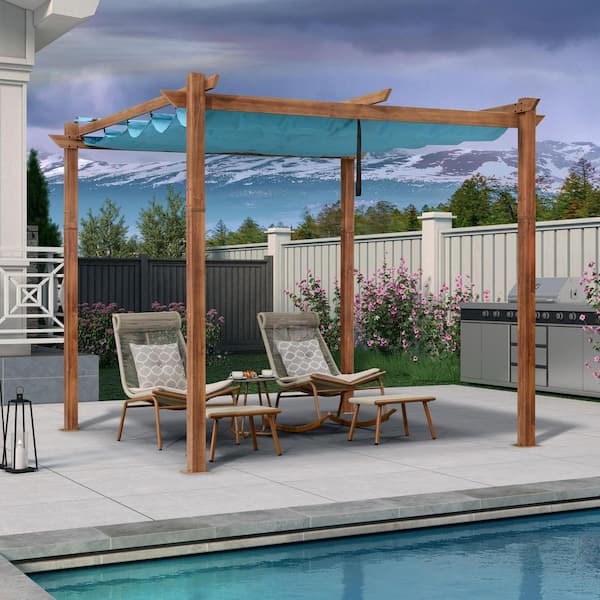 10 ft. W x 10 ft. D Modern Natural Wood Grain Aluminum Pergola with Blue Adjustable Sun Canopy and Protective Roof