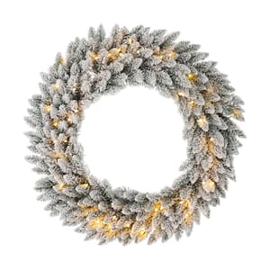 36 in. D Pre-Lit Snow Flocked Artificial Christmas Wreath with 60 Nine Functional White/Multi-color LED Light