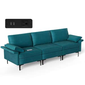 100.5 in. W Square Arm Modern Modular Polyester 3-Seat Sofa Couch with Socket USB Ports and Metal Legs Blue