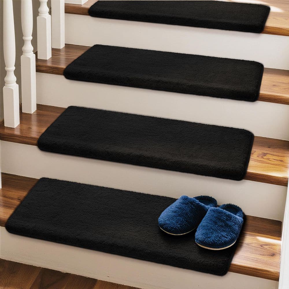 PURE ERA Black 9.5 in. x 30 in. x 1.2 in. Bullnose Plush Indoor Stair Tread  Cover Tape Free Non-slip Carpet Set of 14 PE-ST08-BLK14 - The Home Depot, image size:1000x1000