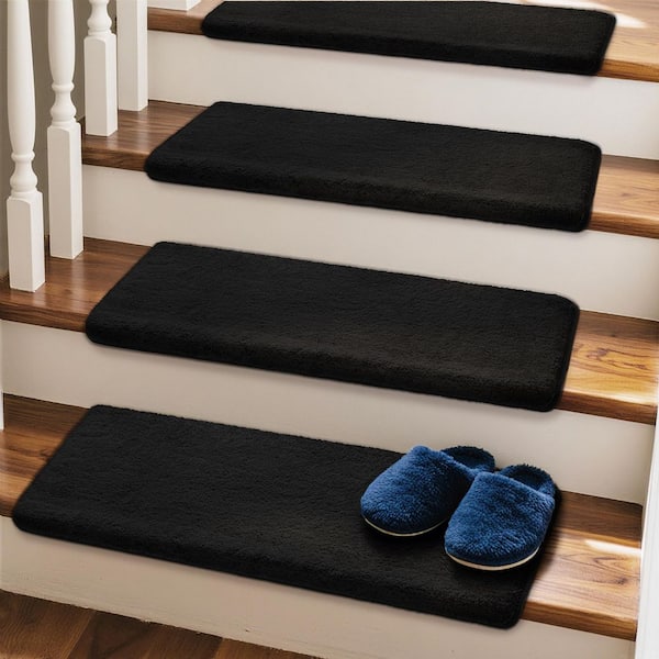 PURE ERA Black 9.5 in. x 30 in. x 1.2 in. Bullnose Plush Indoor Stair Tread Cover Tape Free Non-slip Carpet Set of 14