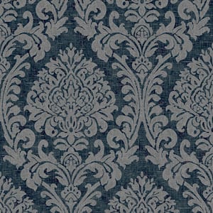 Chenille Weave Damask Navy Textured Wallpaper (Covers 56 sq. ft.)