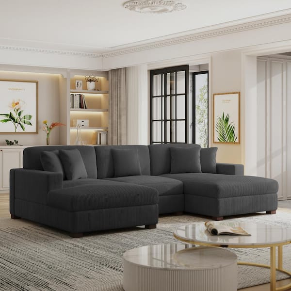 Uixe 118 in. Square Arm 3-Piece Corduroy Upholstered U-Shaped Sectional Sofa in. Gray