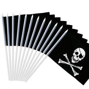 Pirate Stick Flag Jolly Roger 5 in. x 8 in. Handheld Mini Flag with 12 in. White Solid Pole Handheld, Spear Top 1-Dozen