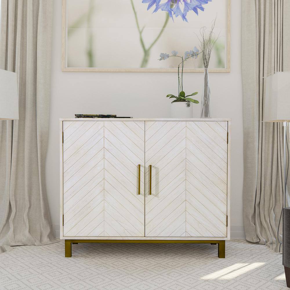 Gray Chevron Pattern Solid Wood Accent Cabinet with Brass Hardware