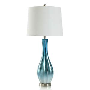34 in. Ombre Blue, Reflective, Champagne, White Gourd Task & Reading Table Lamp for Living Room with White Cotton Shade