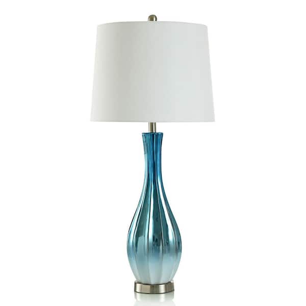 StyleCraft 34 in. Ombre Blue, Reflective, Champagne, White Gourd Task & Reading Table Lamp for Living Room with White Cotton Shade