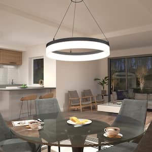 Optical Ring 30-Watt 1 Light Black Modern 3 CCT Integrated LED Pendant Light Fixture for Dining Room or Kitchen