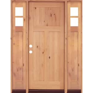 60 in. x 80 in. Knotty Alder 3 Panel Right-Hand/Inswing Clear Glass Clear Stain Wood Prehung Front Door with Sidelites