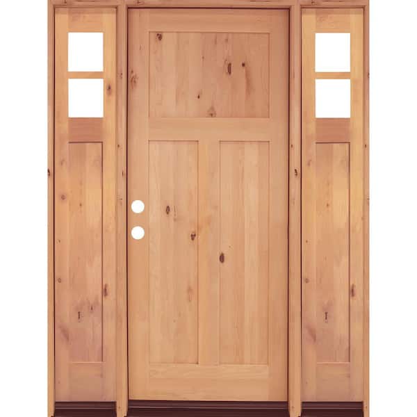 60 in. x 80 in. Knotty Alder 3 Panel Right-Hand/Inswing Clear Glass Clear Stain Wood Prehung Front Door with Sidelites