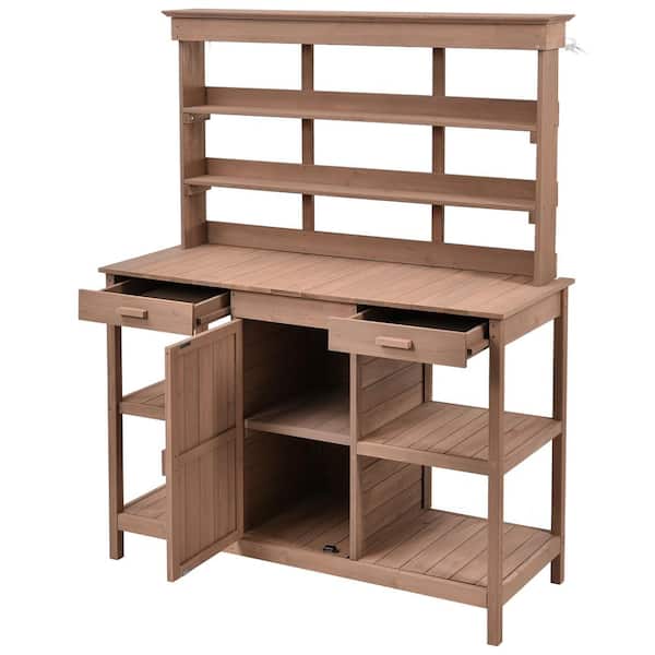 Cesicia 66 in. H Large Outdoor Brown Wooden Farmhouse Potting Bench Table with 2-Drawers, Cabinet and Open Shelves for Backyard