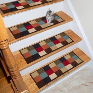 Ottohome Collection Non-Slip Rubberback Checkered Design 8.5 in. x 26 in. Indoor Stair Treads, 7 Pack, Multicolor